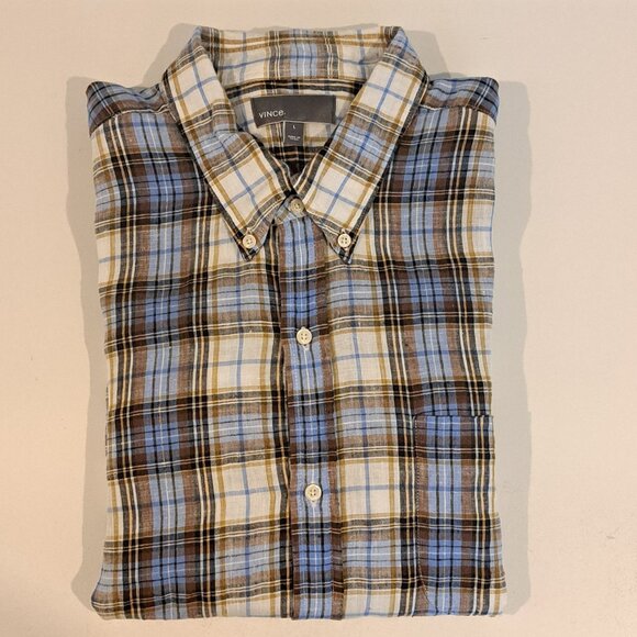 Vince Men's Large 100% Linen Long Sleeve Button Down Plaid Shirt Style M13081062 - Picture 7 of 15